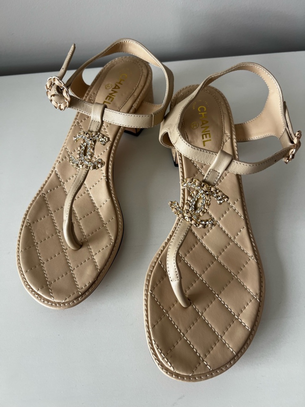CHANEL Nude Quilted Leather Crystal CC T-Strap Sandals